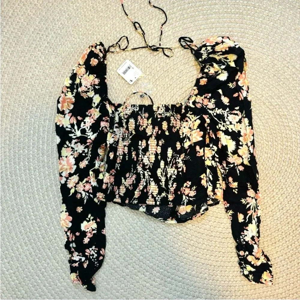 New Free People Hillary Black Floral Top
